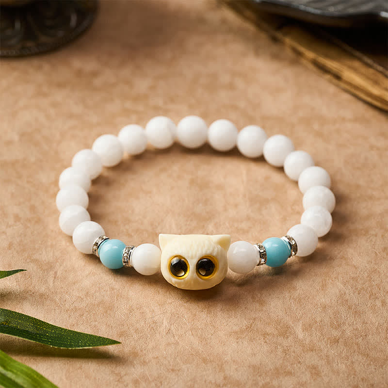 Nimara Ritual Black Obsidian White Chalcedony Big-Eye Cat Head Purity Bead Bracelet