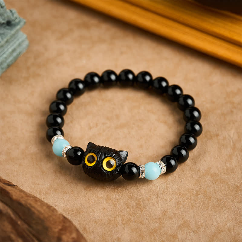 Nimara Ritual Black Obsidian White Chalcedony Big-Eye Cat Head Purity Bead Bracelet