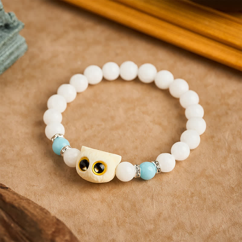 Nimara Ritual Black Obsidian White Chalcedony Big-Eye Cat Head Purity Bead Bracelet
