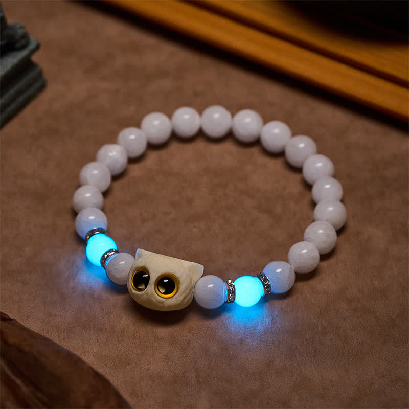 Nimara Ritual Black Obsidian White Chalcedony Big-Eye Cat Head Purity Bead Bracelet