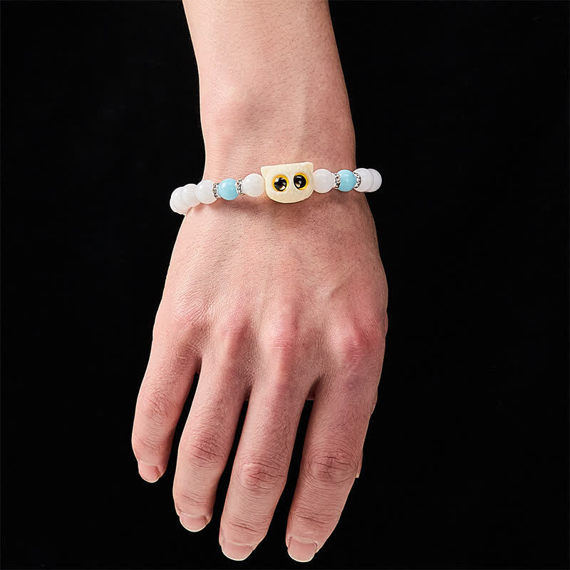 Nimara Ritual Black Obsidian White Chalcedony Big-Eye Cat Head Purity Bead Bracelet