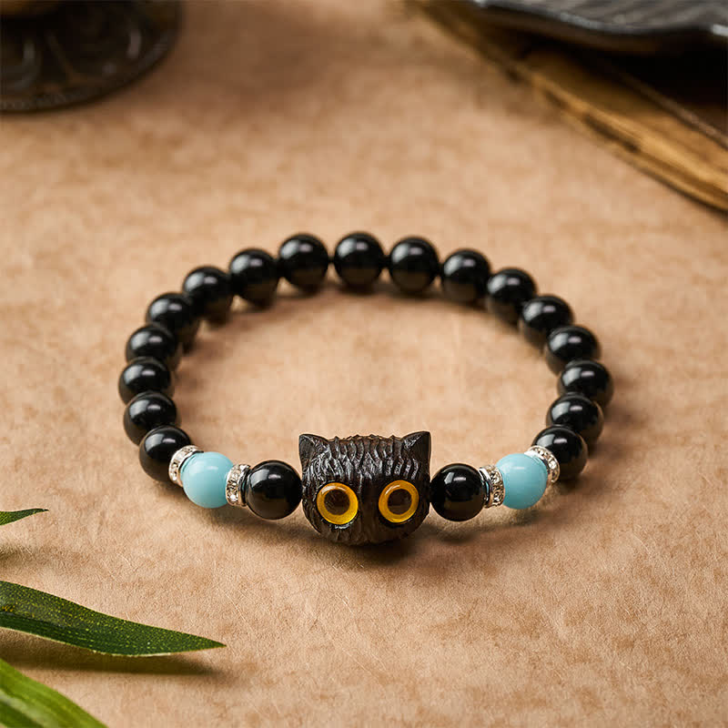 Nimara Ritual Black Obsidian White Chalcedony Big-Eye Cat Head Purity Bead Bracelet