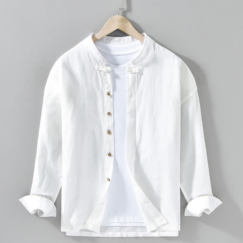 Nimara Ritual Fall Casual Tang Style Mandarin Collar Solid Men's Long Sleeve Shirts
