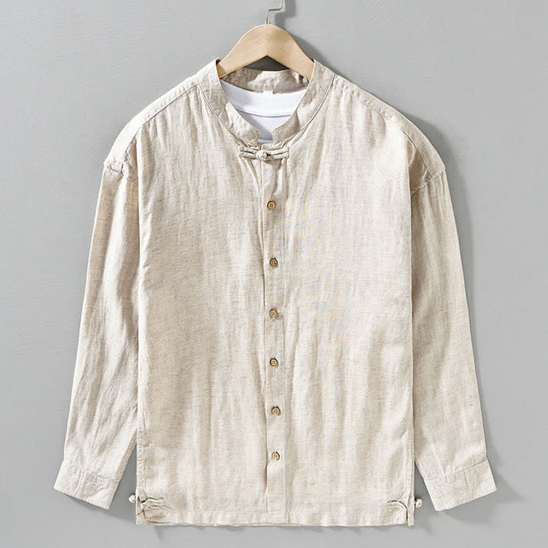 Nimara Ritual Fall Casual Tang Style Mandarin Collar Solid Men's Long Sleeve Shirts