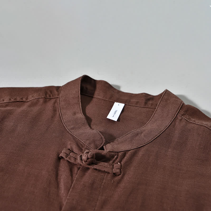 Nimara Ritual Fall Casual Tang Style Mandarin Collar Solid Men's Long Sleeve Shirts