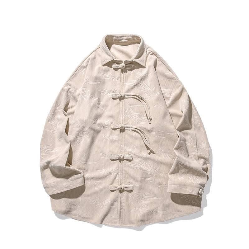 Nimara Ritual Fall Winter Tang Style Frog Button Bamboo Print Corduroy Men's Long Sleeve Shirts