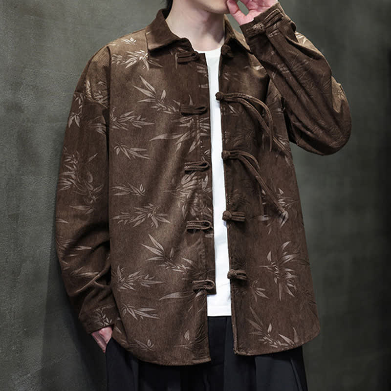 Nimara Ritual Fall Winter Tang Style Frog Button Bamboo Print Corduroy Men's Long Sleeve Shirts