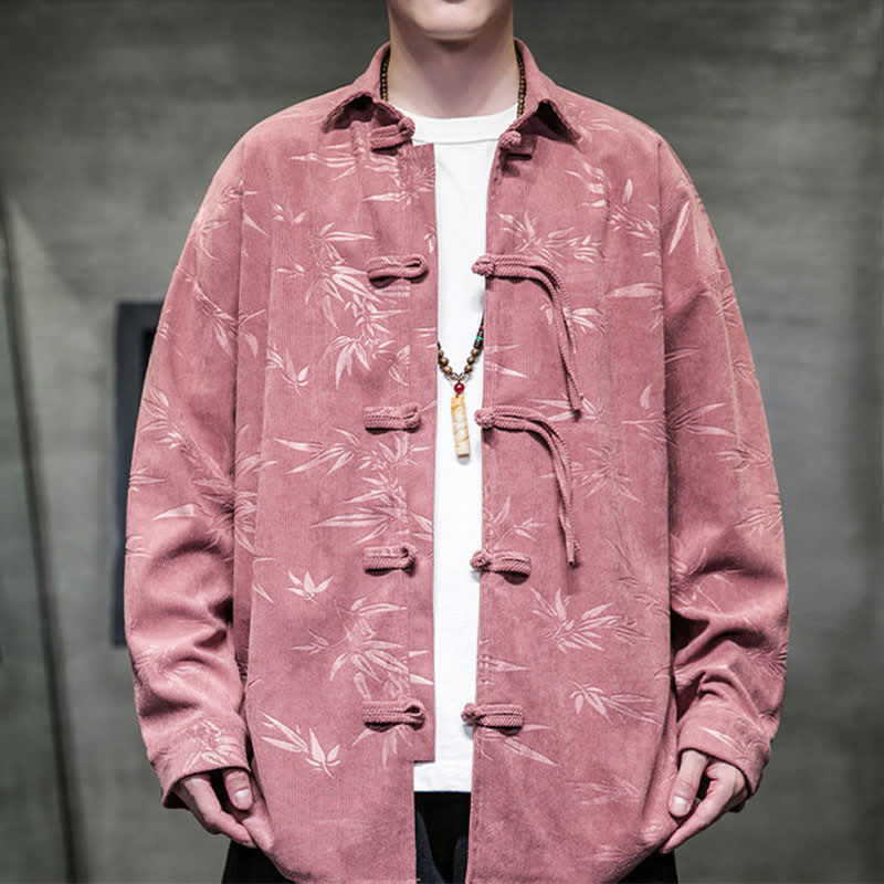 Nimara Ritual Fall Winter Tang Style Frog Button Bamboo Print Corduroy Men's Long Sleeve Shirts