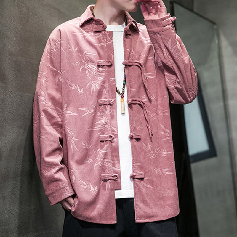 Nimara Ritual Fall Winter Tang Style Frog Button Bamboo Print Corduroy Men's Long Sleeve Shirts