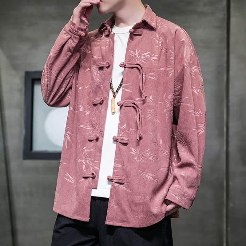 Nimara Ritual Fall Winter Tang Style Frog Button Bamboo Print Corduroy Men's Long Sleeve Shirts