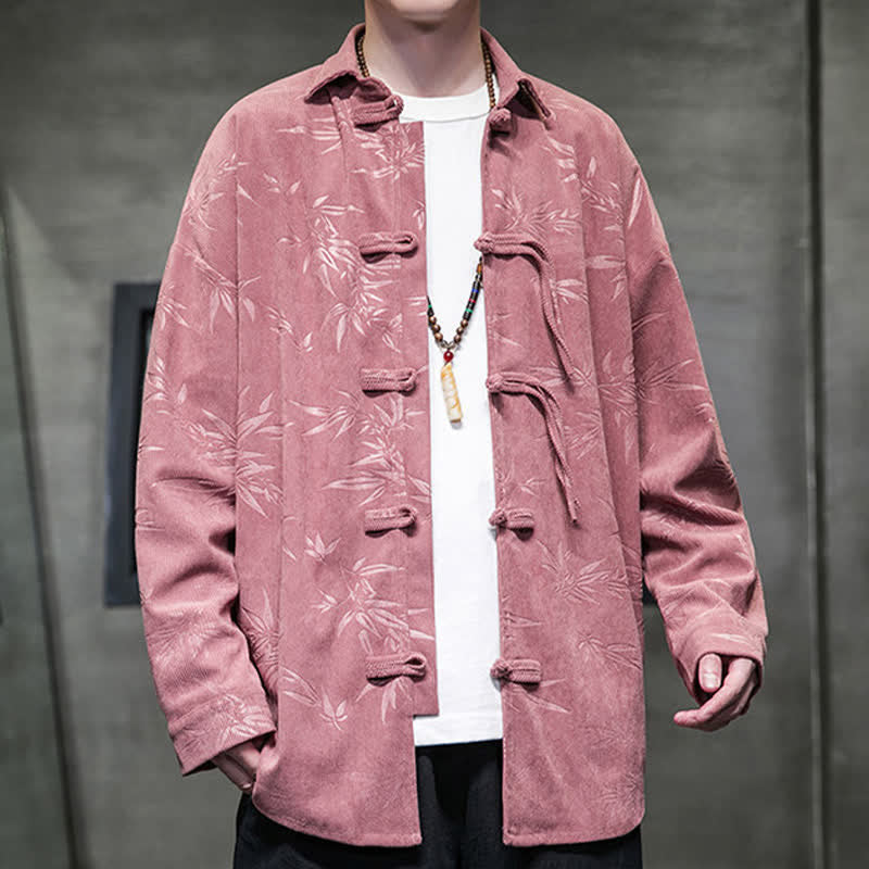 Nimara Ritual Fall Winter Tang Style Frog Button Bamboo Print Corduroy Men's Long Sleeve Shirts