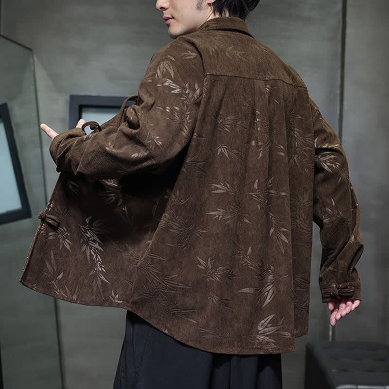Nimara Ritual Fall Winter Tang Style Frog Button Bamboo Print Corduroy Men's Long Sleeve Shirts