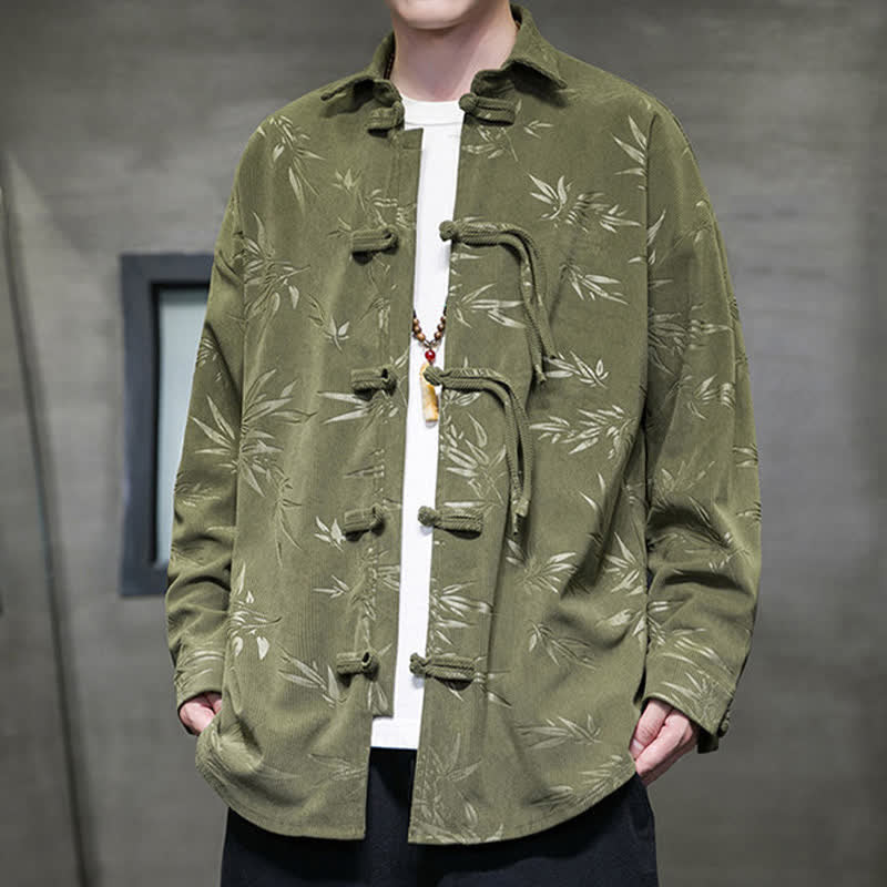 Nimara Ritual Fall Winter Tang Style Frog Button Bamboo Print Corduroy Men's Long Sleeve Shirts