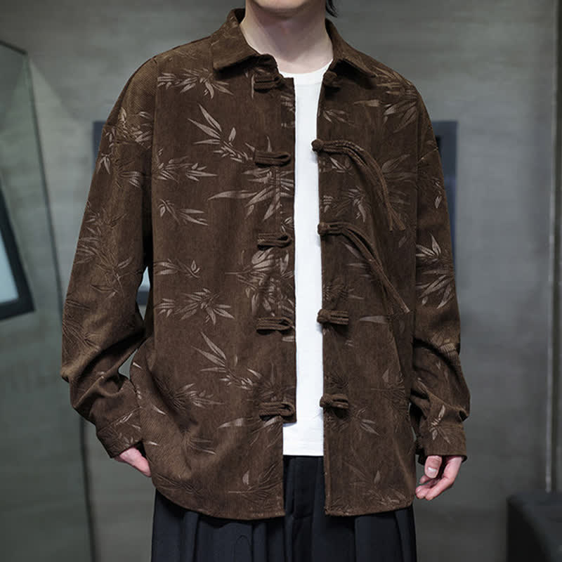 Nimara Ritual Fall Winter Tang Style Frog Button Bamboo Print Corduroy Men's Long Sleeve Shirts