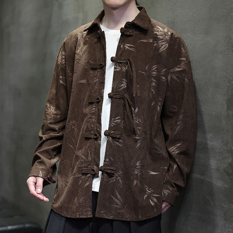 Nimara Ritual Fall Winter Tang Style Frog Button Bamboo Print Corduroy Men's Long Sleeve Shirts