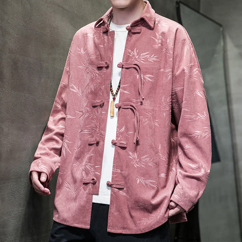 Nimara Ritual Fall Winter Tang Style Frog Button Bamboo Print Corduroy Men's Long Sleeve Shirts