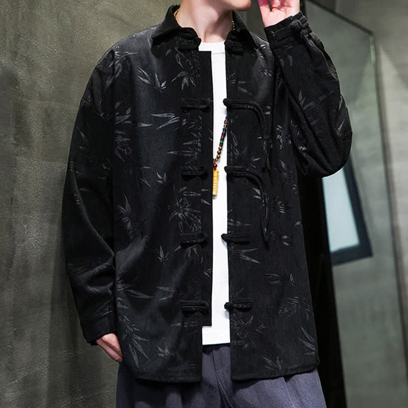 Nimara Ritual Fall Winter Tang Style Frog Button Bamboo Print Corduroy Men's Long Sleeve Shirts
