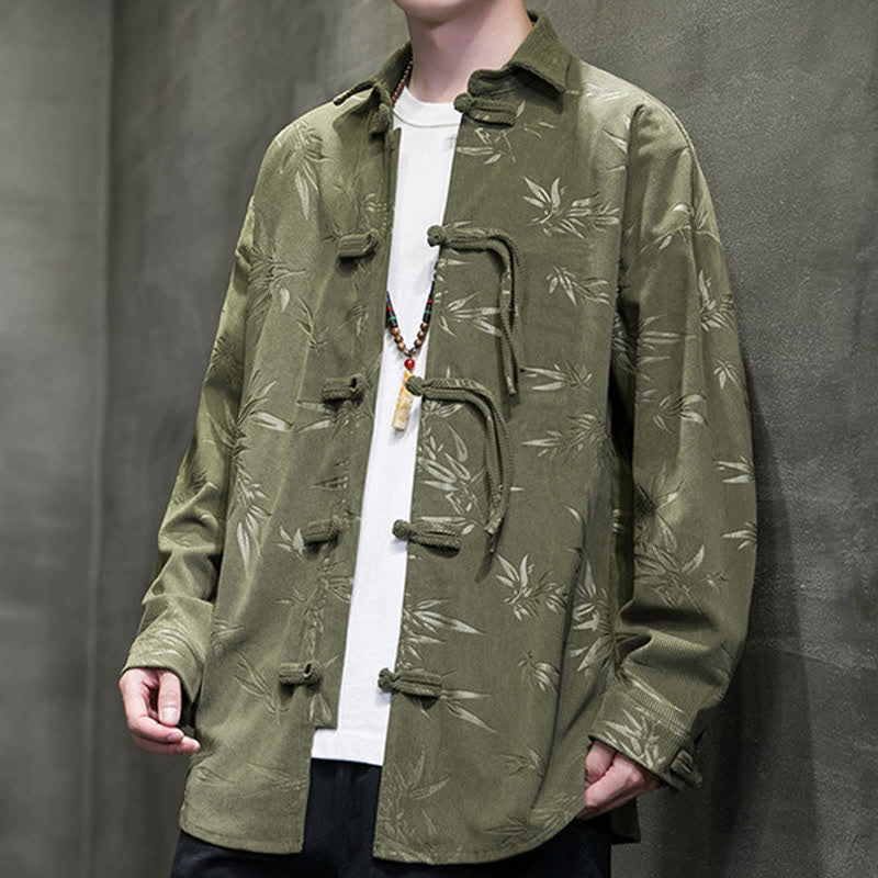 Nimara Ritual Fall Winter Tang Style Frog Button Bamboo Print Corduroy Men's Long Sleeve Shirts