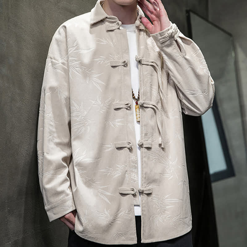 Nimara Ritual Fall Winter Tang Style Frog Button Bamboo Print Corduroy Men's Long Sleeve Shirts