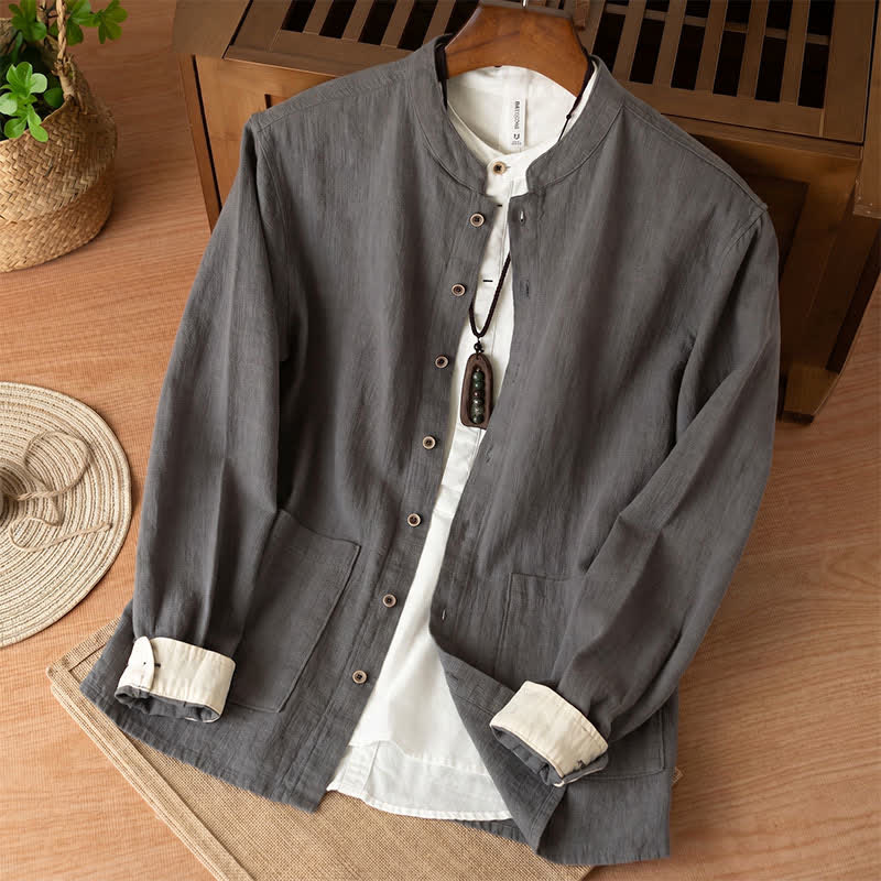 Nimara Ritual Fall Casual Tang Style Mandarin Collar Solid Linen Men's Long Sleeve Shirts With Pockets