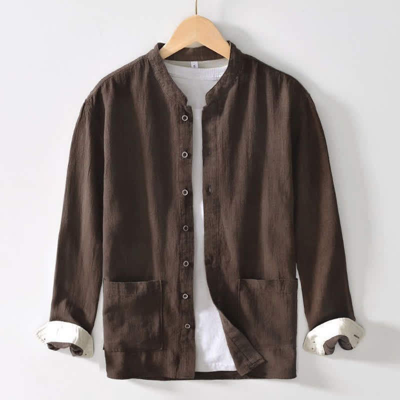 Nimara Ritual Fall Casual Tang Style Mandarin Collar Solid Linen Men's Long Sleeve Shirts With Pockets