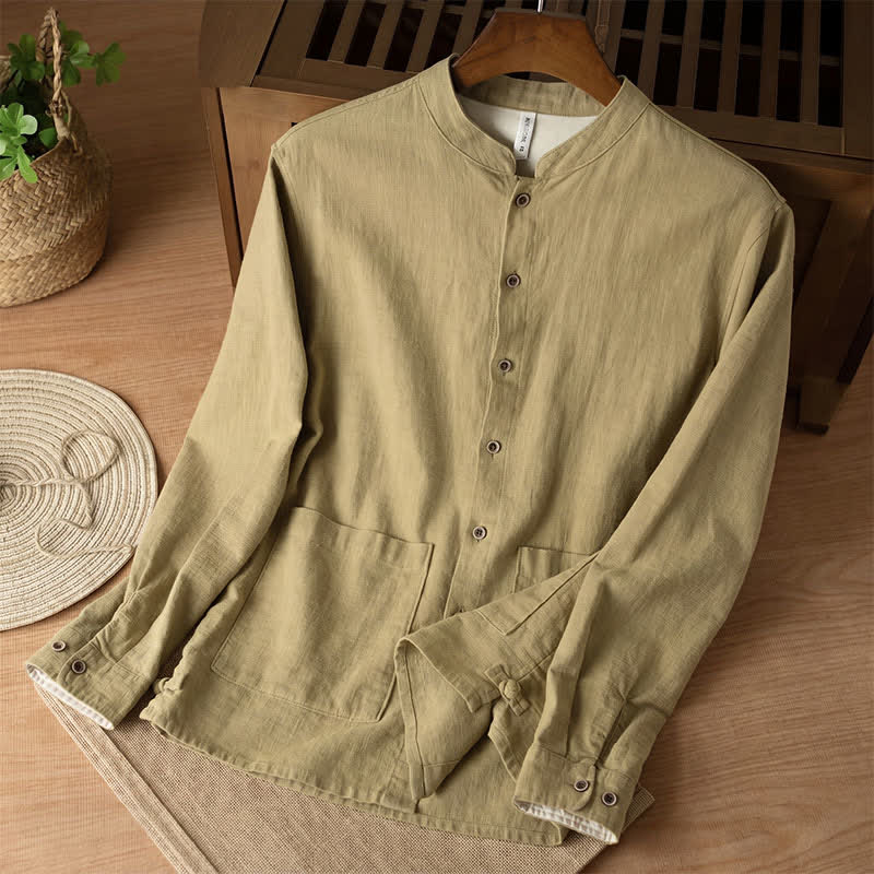 Nimara Ritual Fall Casual Tang Style Mandarin Collar Solid Linen Men's Long Sleeve Shirts With Pockets