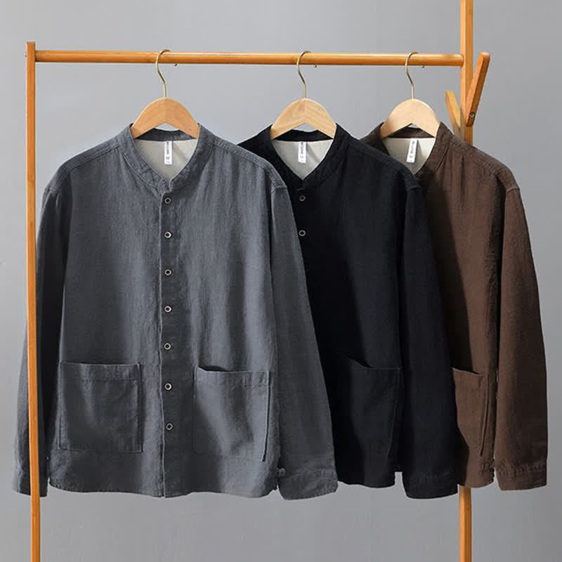 Nimara Ritual Fall Casual Tang Style Mandarin Collar Solid Linen Men's Long Sleeve Shirts With Pockets