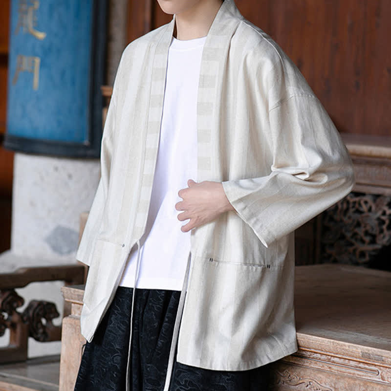 Nimara Ritual Spring Summer Casual Tang Style Drawstring Solid Cotton Linen Three-Quarter Sleeve Men's Kimono With Pocket