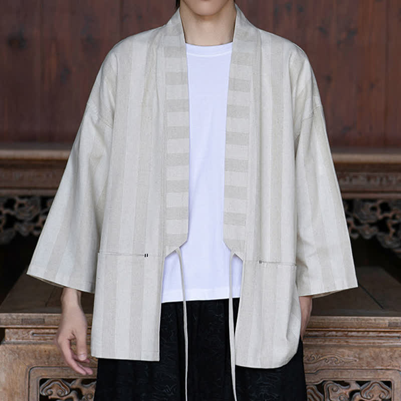 Nimara Ritual Spring Summer Casual Tang Style Drawstring Solid Cotton Linen Three-Quarter Sleeve Men's Kimono With Pocket