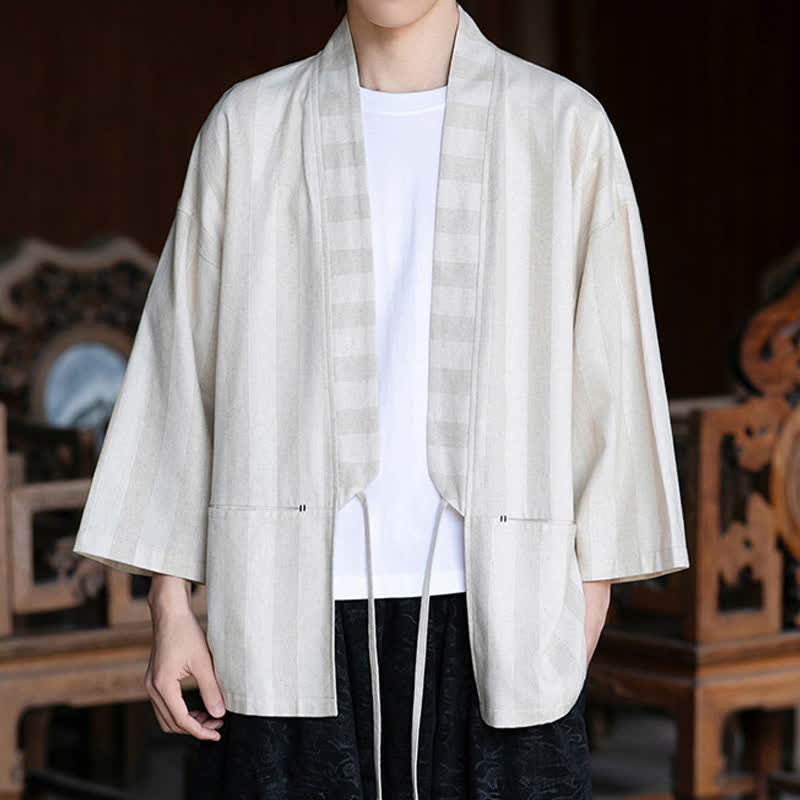 Nimara Ritual Spring Summer Casual Tang Style Drawstring Solid Cotton Linen Three-Quarter Sleeve Men's Kimono With Pocket