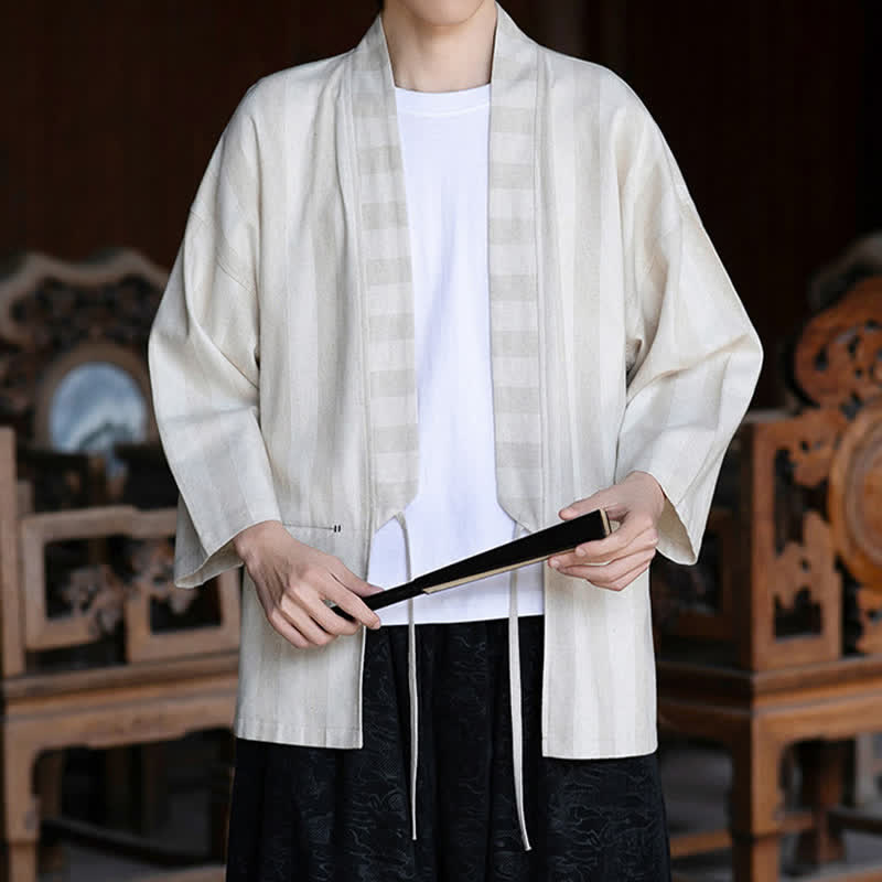 Nimara Ritual Spring Summer Casual Tang Style Drawstring Solid Cotton Linen Three-Quarter Sleeve Men's Kimono With Pocket