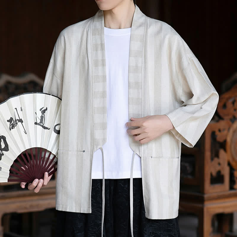 Nimara Ritual Spring Summer Casual Tang Style Drawstring Solid Cotton Linen Three-Quarter Sleeve Men's Kimono With Pocket