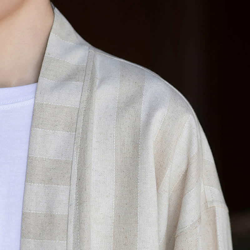Nimara Ritual Spring Summer Casual Tang Style Drawstring Solid Cotton Linen Three-Quarter Sleeve Men's Kimono With Pocket