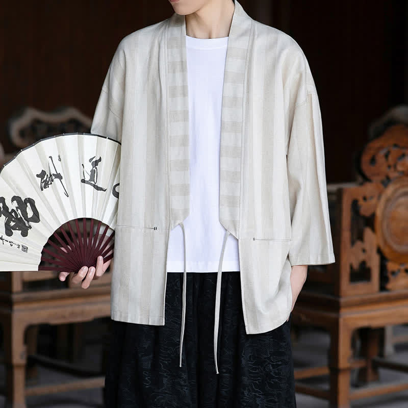 Nimara Ritual Spring Summer Casual Tang Style Drawstring Solid Cotton Linen Three-Quarter Sleeve Men's Kimono With Pocket