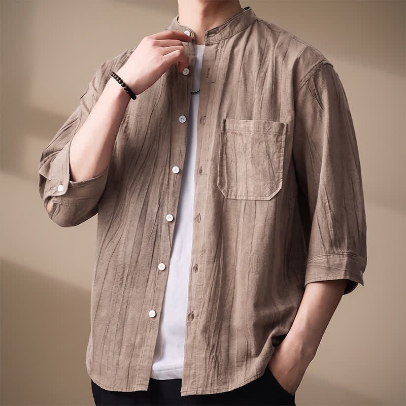Nimara Ritual Spring Summer Casual Mandarin Collar Solid Cotton Men's Long Sleeve Shirts With Patch Pocket