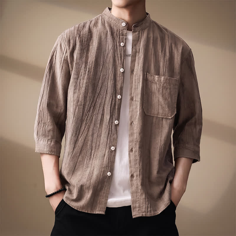 Nimara Ritual Spring Summer Casual Mandarin Collar Solid Cotton Men's Long Sleeve Shirts With Patch Pocket