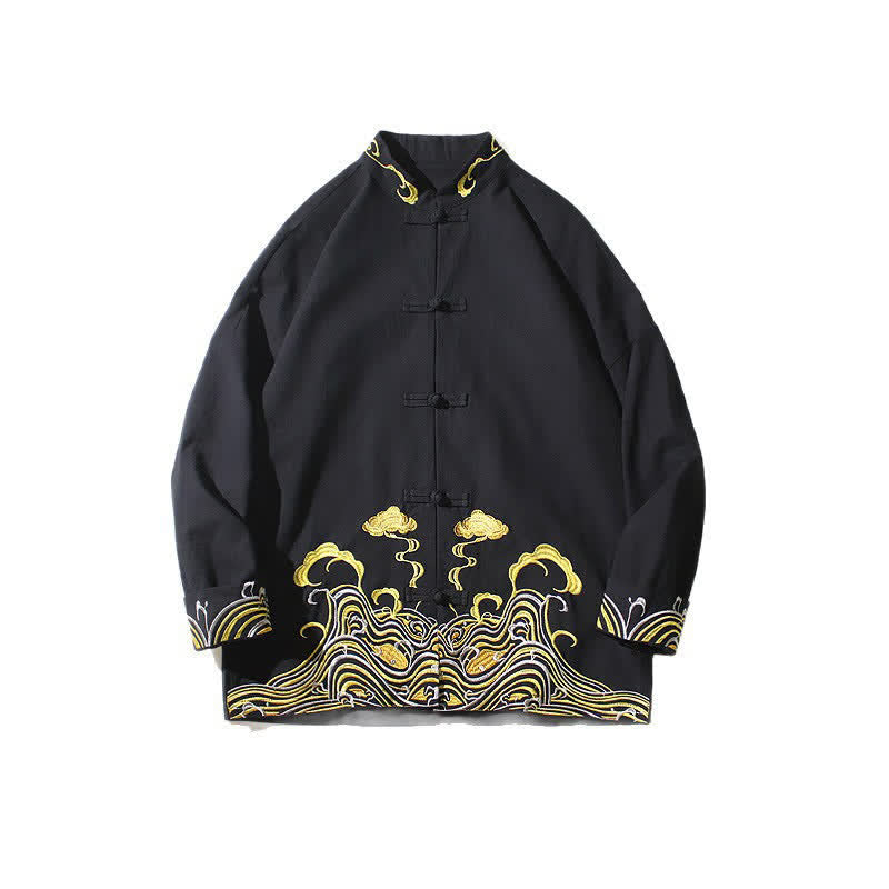 Nimara Ritual Fall Winter Tang Style Vintage Frog Button Embroidery Clouds Pattern Cotton Men's Jacket