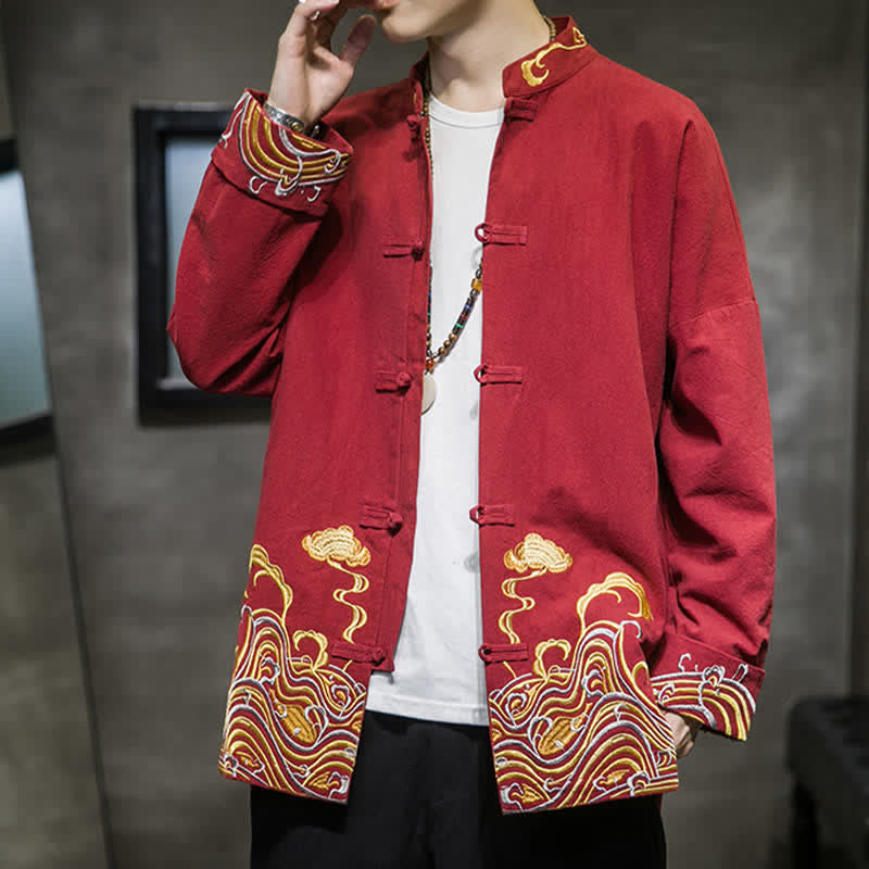 Nimara Ritual Fall Winter Tang Style Vintage Frog Button Embroidery Clouds Pattern Cotton Men's Jacket