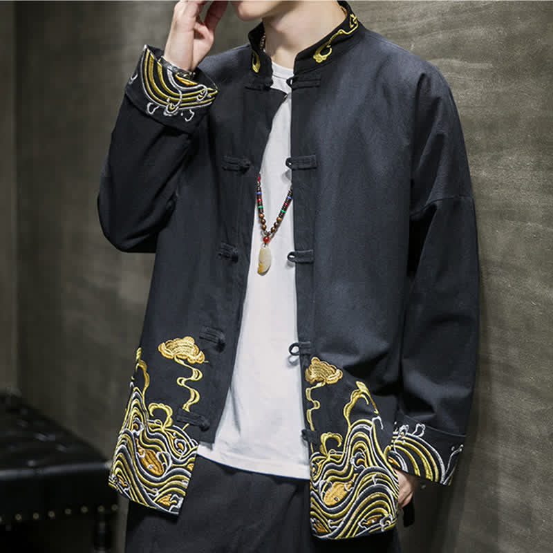 Nimara Ritual Fall Winter Tang Style Vintage Frog Button Embroidery Clouds Pattern Cotton Men's Jacket