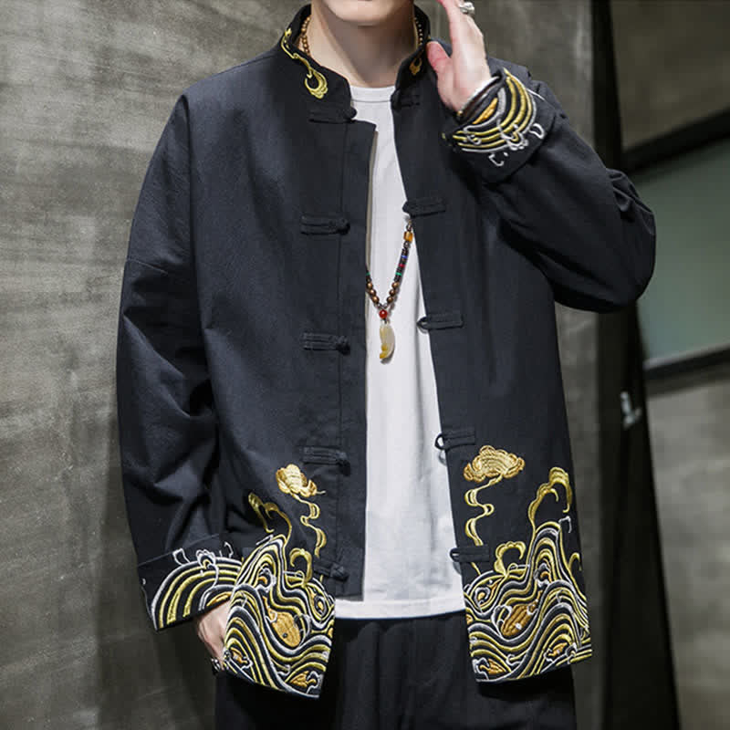 Nimara Ritual Fall Winter Tang Style Vintage Frog Button Embroidery Clouds Pattern Cotton Men's Jacket
