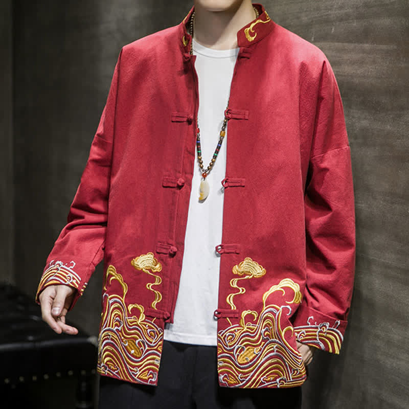 Nimara Ritual Fall Winter Tang Style Vintage Frog Button Embroidery Clouds Pattern Cotton Men's Jacket