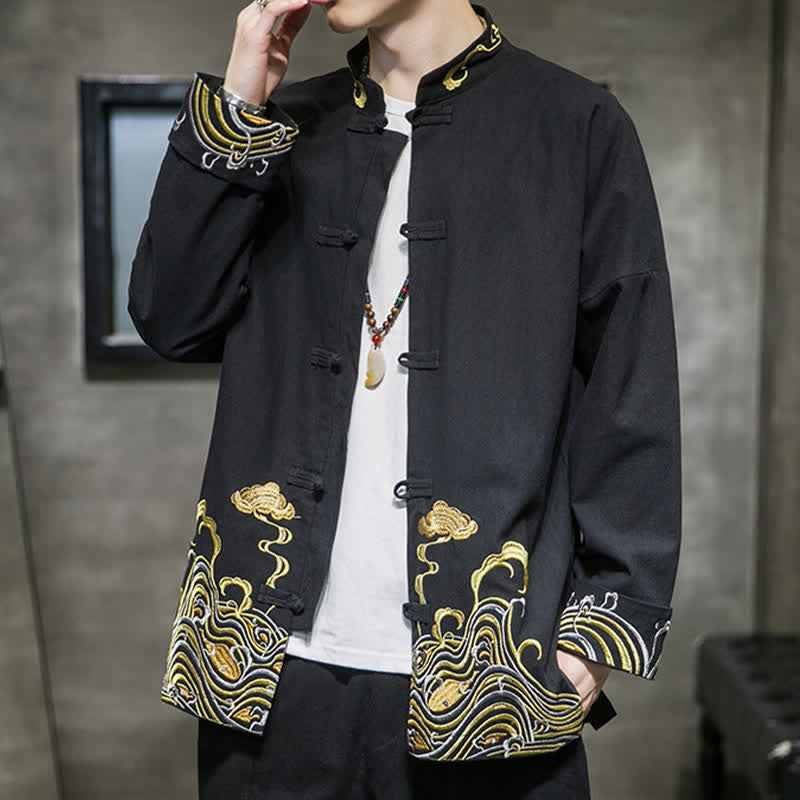 Nimara Ritual Fall Winter Tang Style Vintage Frog Button Embroidery Clouds Pattern Cotton Men's Jacket