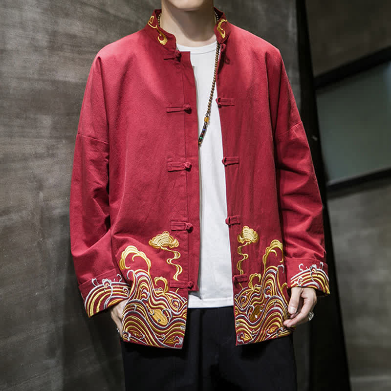 Nimara Ritual Fall Winter Tang Style Vintage Frog Button Embroidery Clouds Pattern Cotton Men's Jacket