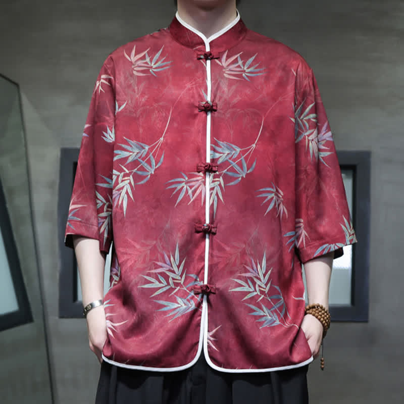 Nimara Ritual Spring Summer Vintage Tang Style Mandarin Collar Bamboo Print Men's Elbow-Length Sleeve Shirts