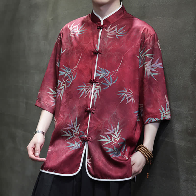 Nimara Ritual Spring Summer Vintage Tang Style Mandarin Collar Bamboo Print Men's Elbow-Length Sleeve Shirts
