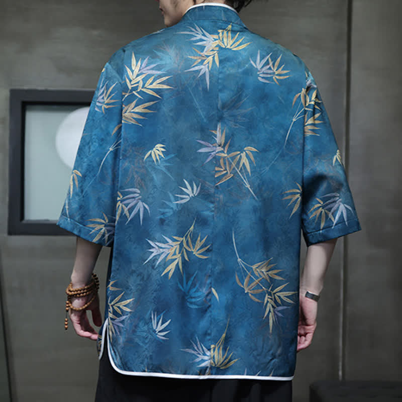 Nimara Ritual Spring Summer Vintage Tang Style Mandarin Collar Bamboo Print Men's Elbow-Length Sleeve Shirts