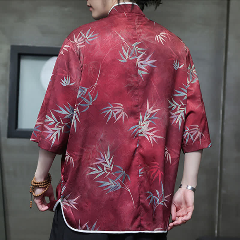 Nimara Ritual Spring Summer Vintage Tang Style Mandarin Collar Bamboo Print Men's Elbow-Length Sleeve Shirts