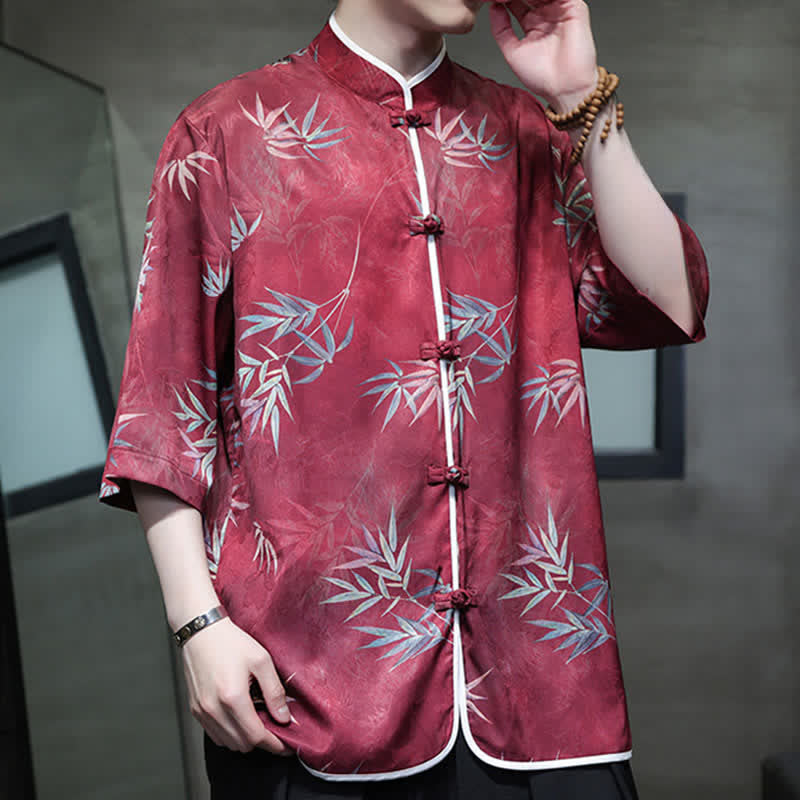 Nimara Ritual Spring Summer Vintage Tang Style Mandarin Collar Bamboo Print Men's Elbow-Length Sleeve Shirts