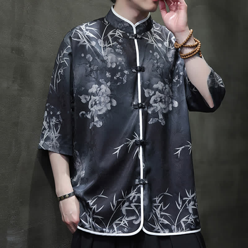 Nimara Ritual Spring Summer Vintage Tang Style Mandarin Collar Bamboo Print Men's Elbow-Length Sleeve Shirts