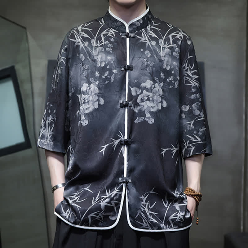 Nimara Ritual Spring Summer Vintage Tang Style Mandarin Collar Bamboo Print Men's Elbow-Length Sleeve Shirts